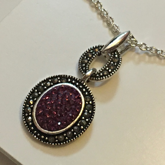Genuine Marcasite, Fine Silver Plated, Purple & Black, Oval Pendant Necklace Nwt - Picture 1 of 11